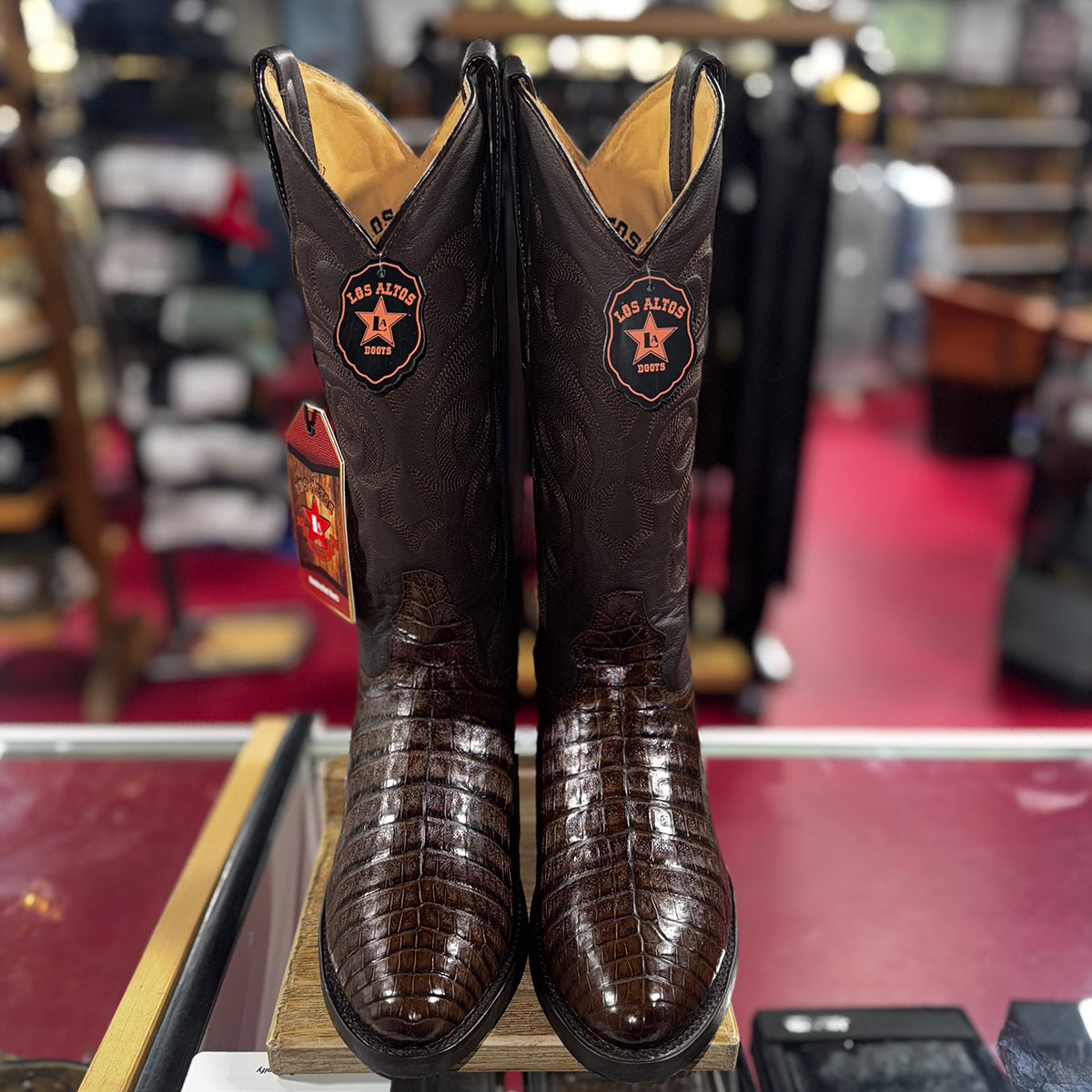 Front view of Los Altos Brown Caiman Boots