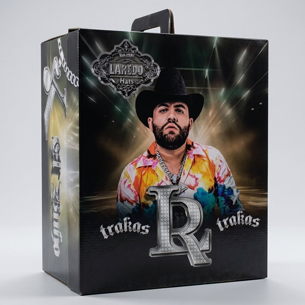 Premium Laredo Hats collector's box for the Luis R Conriquez edition cowboy hat, featuring an image of the artist, "Trakas" branding, and a bold diamond-textured LR logo.
