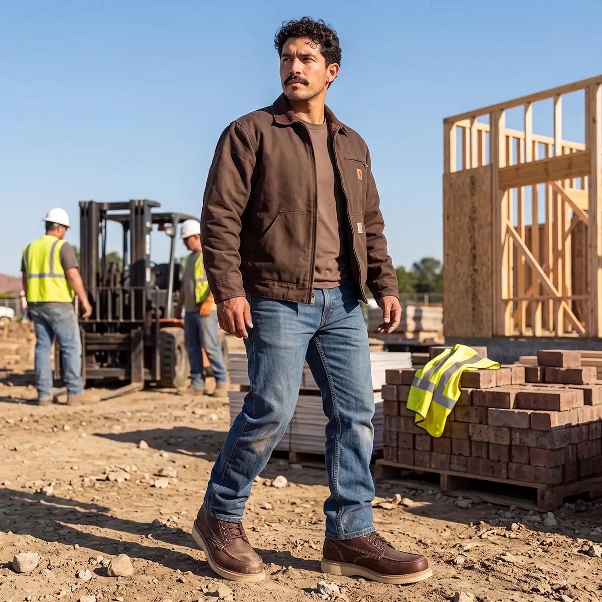 A man wearing a brown Carhartt jacket, blue jeans, and brown work boots stands on a construction site. In the background, other workers are visible near a forklift and a stack of bricks with a yellow safety vest.
