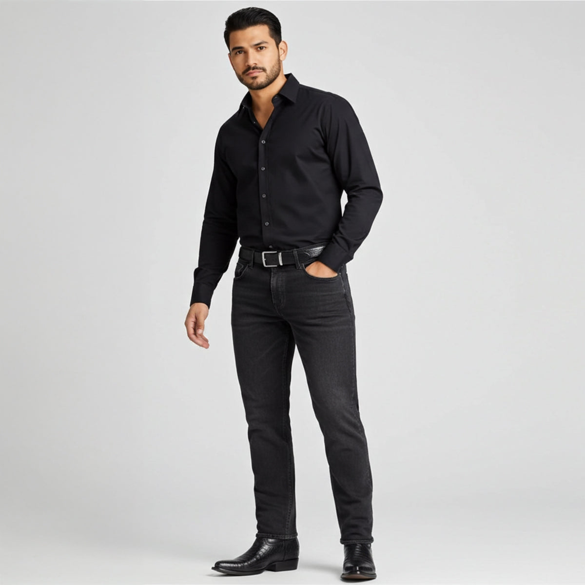 Man wearing black caiman Cuadra boots