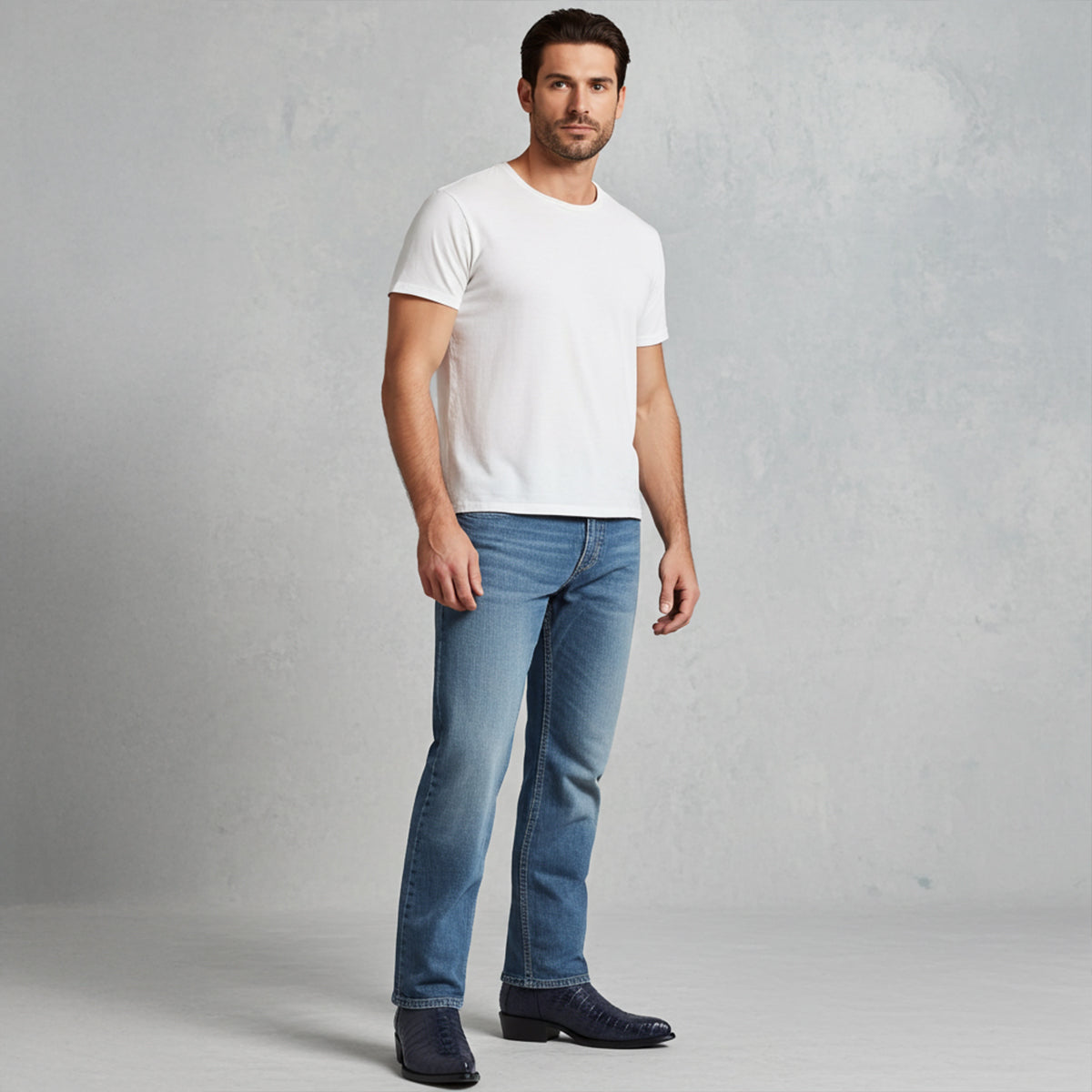 Man wearing blue crocodile cowboy boots