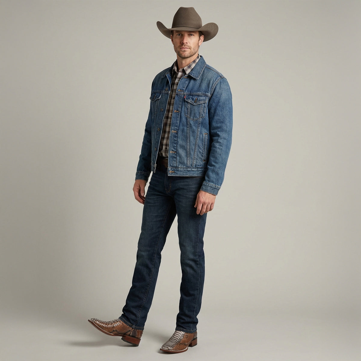 Man wearing Los Altos Snakeskin cowboy boots with modern western outfit