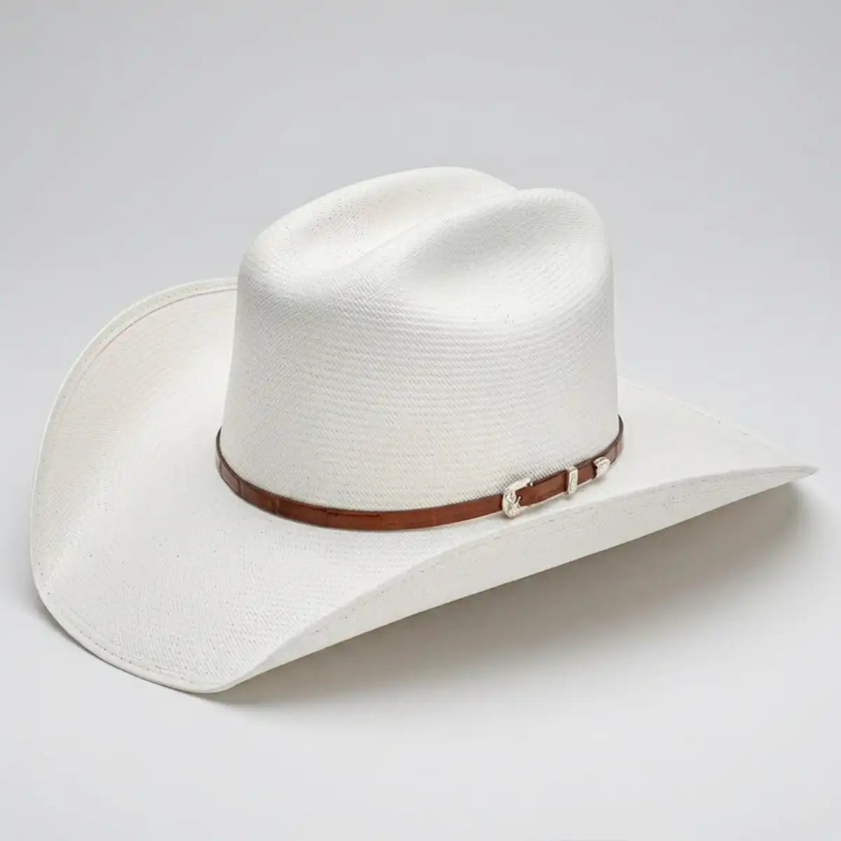 Stetson 100X Maximo Straw Cowboy Hat in natural white straw with brown croc-print leather hatband and silver three-piece buckle set.