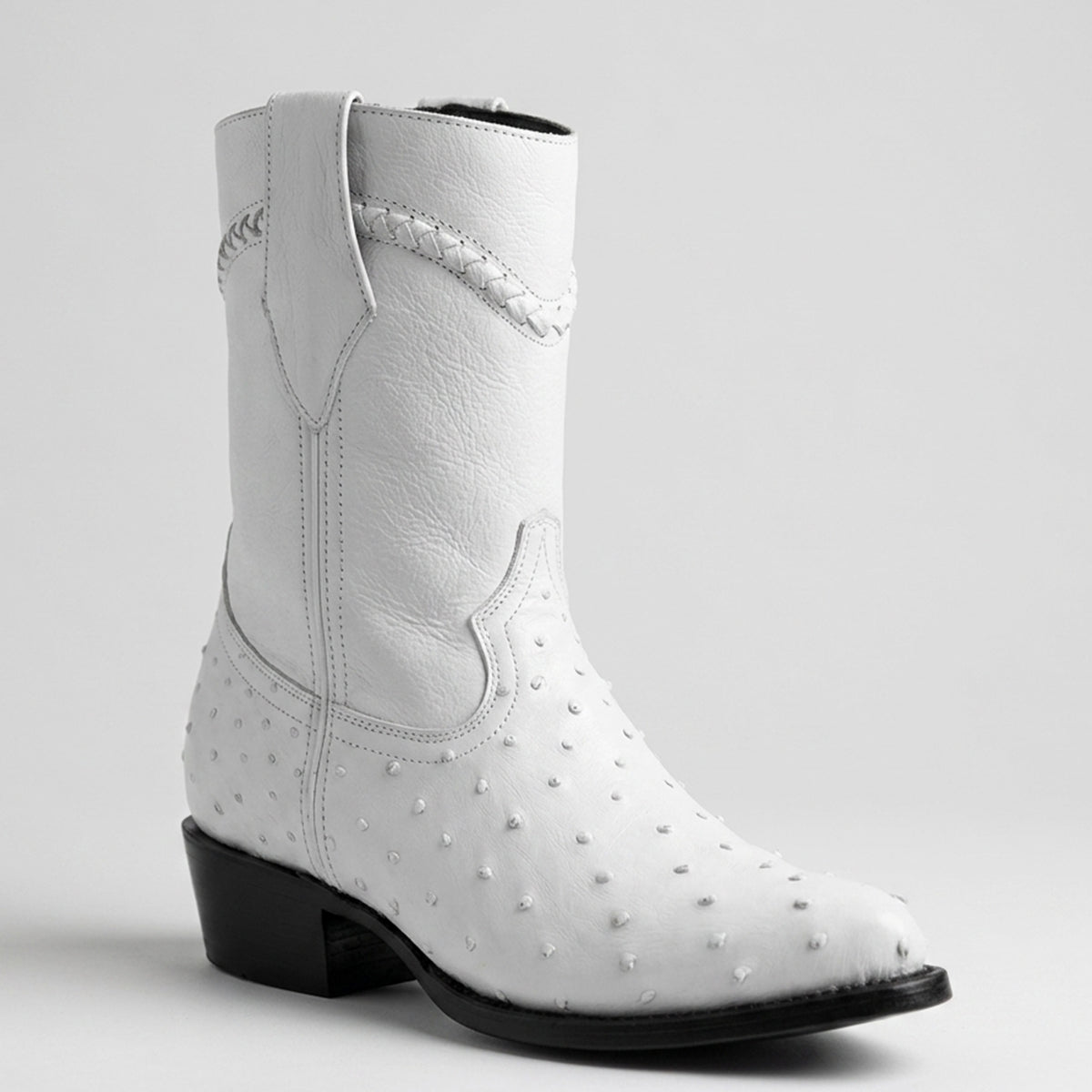 White Diamonds men's white full quill ostrich leather short cowboy boot.