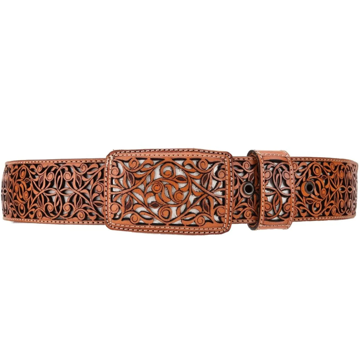 Floral Laser Cut Cowboy Belt - Genuine Leather display picture 2