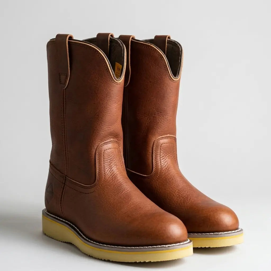 Studio pair view of the Work Zone 10-inch Wellington soft toe boots showcasing both boots from a three-quarter angle.