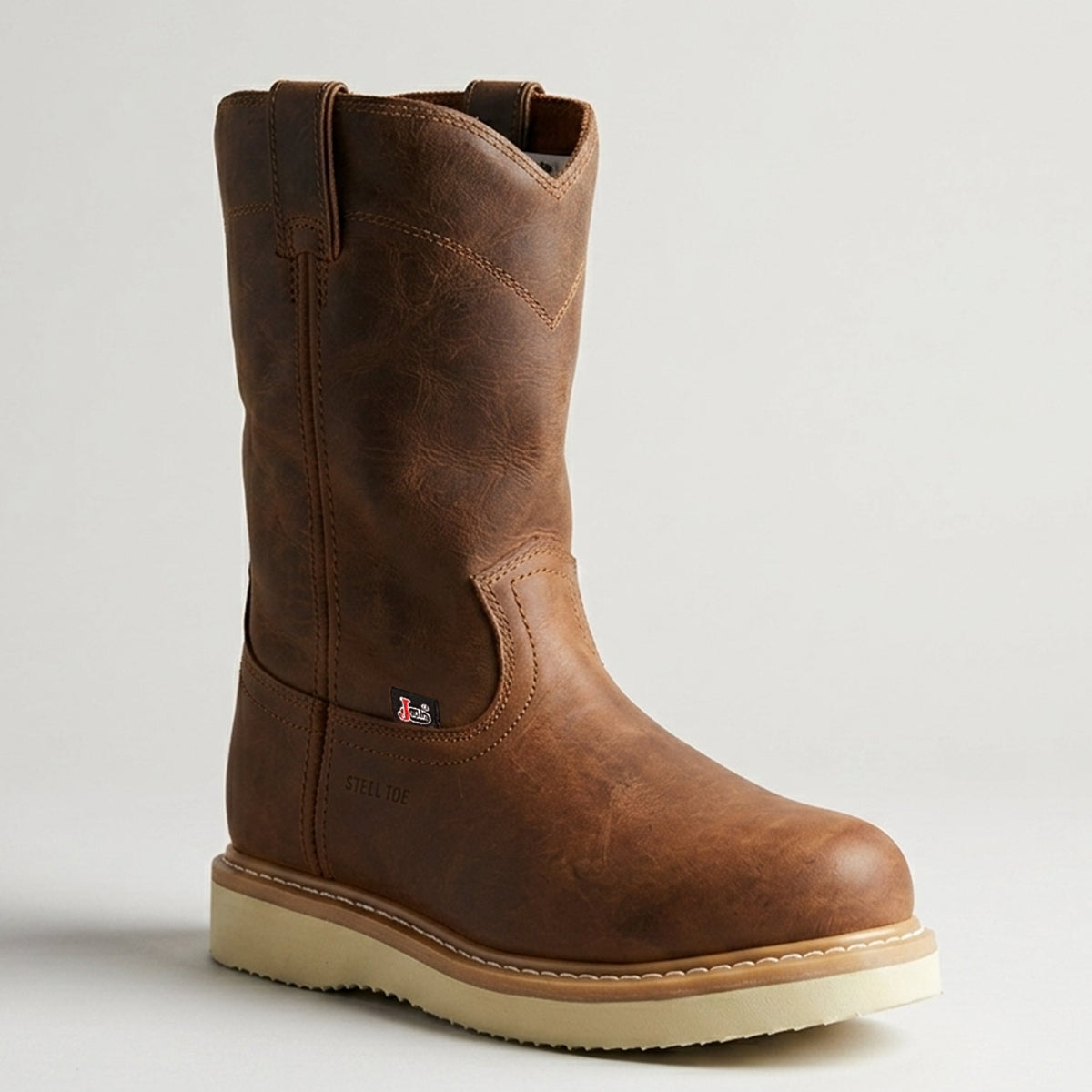 Justin men's brown leather work boot with a visible brand logo on a light gray background.