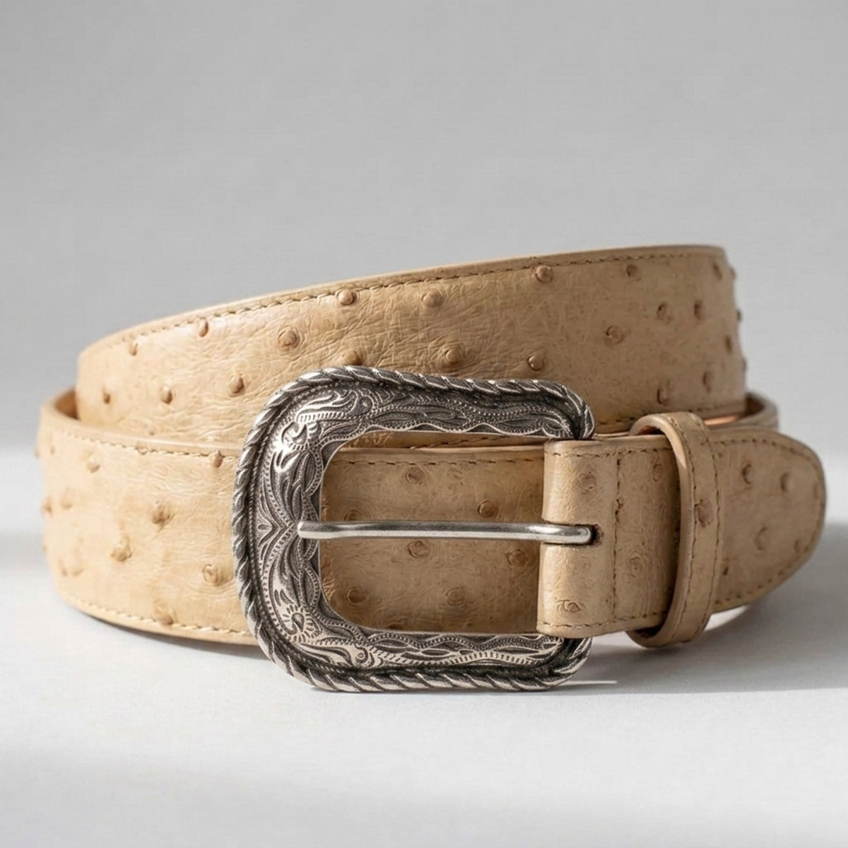 Los Altos men's oryx beige full quill ostrich leather belt with a te silver-tone western heel-bar buckle.