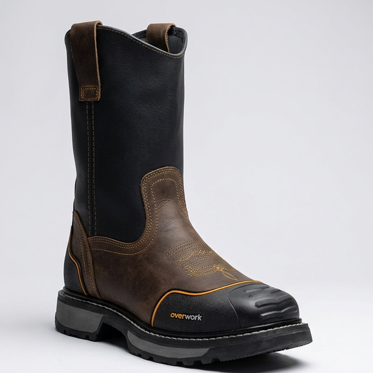 Overwork men's pull-on leather work boots in brown and black featuring a square toe with a heavy-duty black rubber toe guard and chunky rubber outsole.