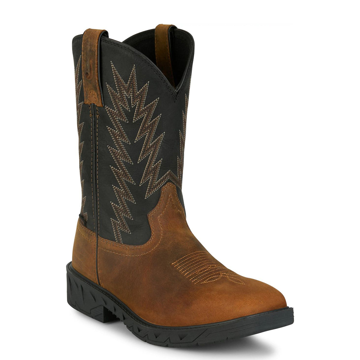 Justin brown and black square toe western boot on a white background.