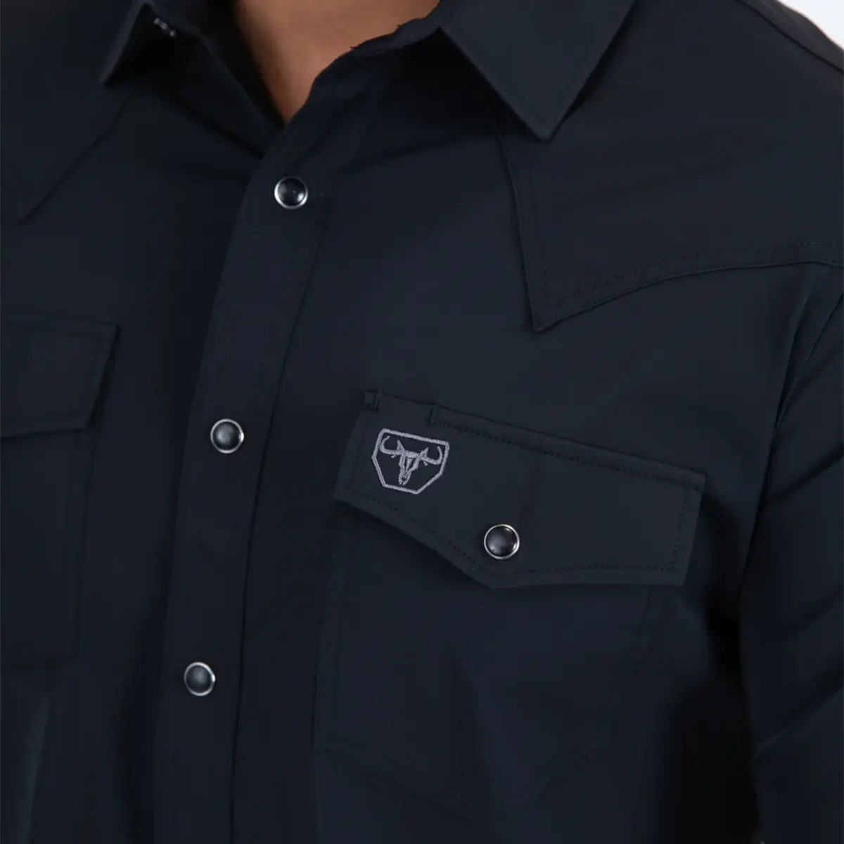 Close-up view of the Platini Prewitt black performance shirt detailing the collar, snap buttons, Western yoke, and longhorn embroidered pocket logo.