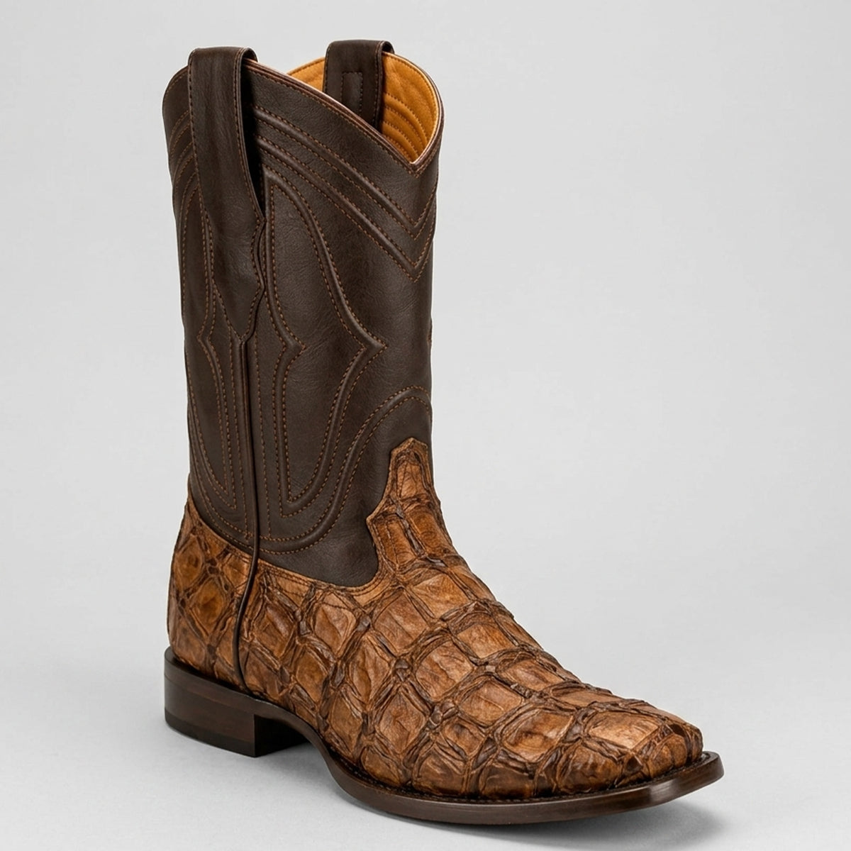 King Exotic men's cognac brown pirarucu fish square toe cowboy boot.