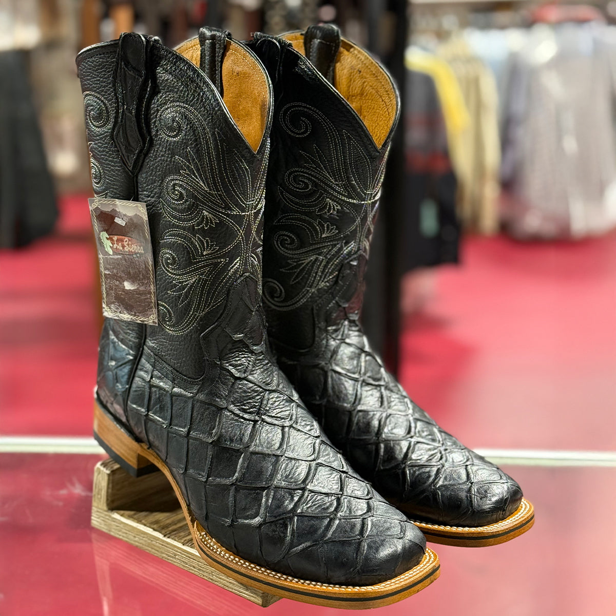 La Sierra Black Pirarucu Fish Print Boots Square Toe