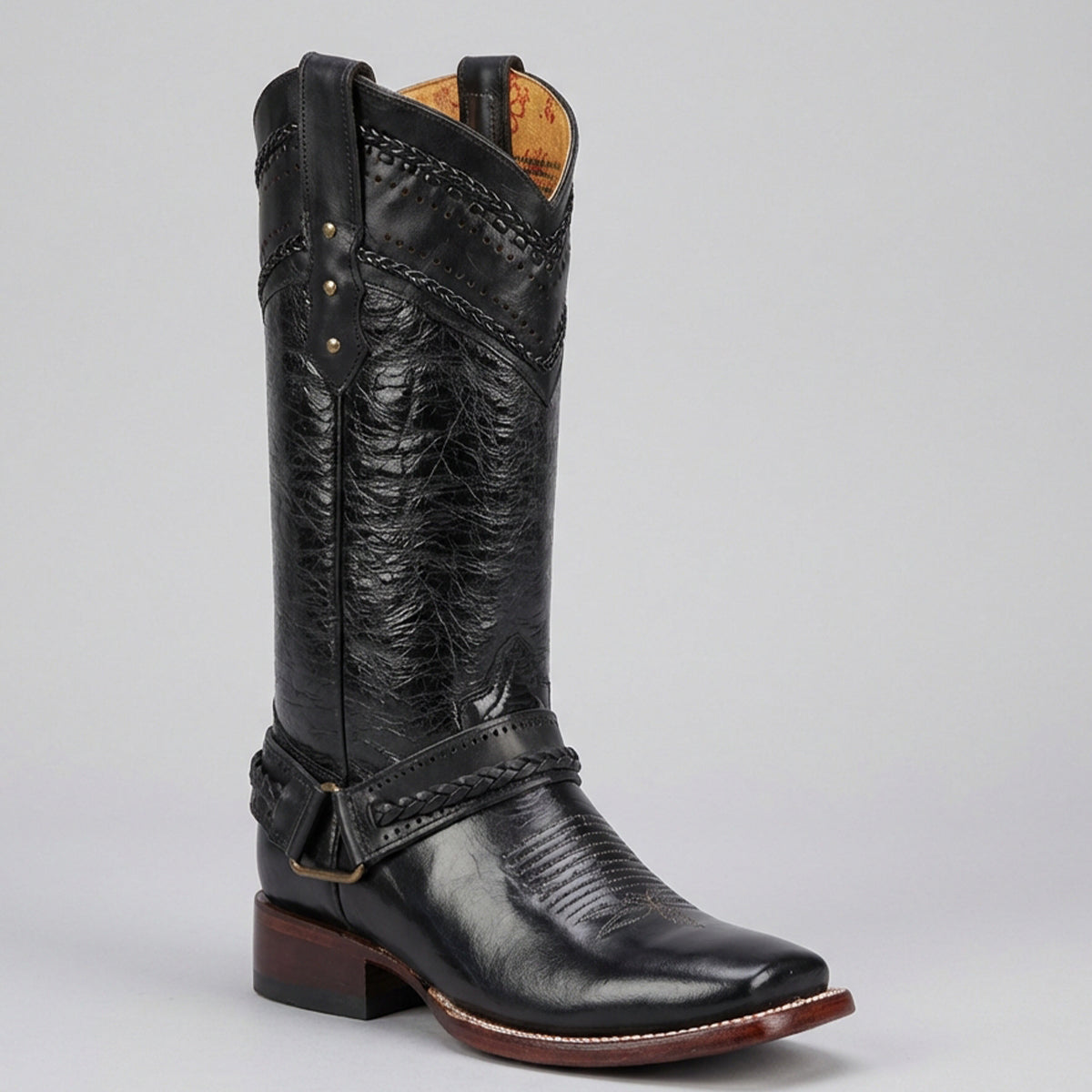 Quincy Women's Black Square Toe Cowgirl Boot with Removable Harness