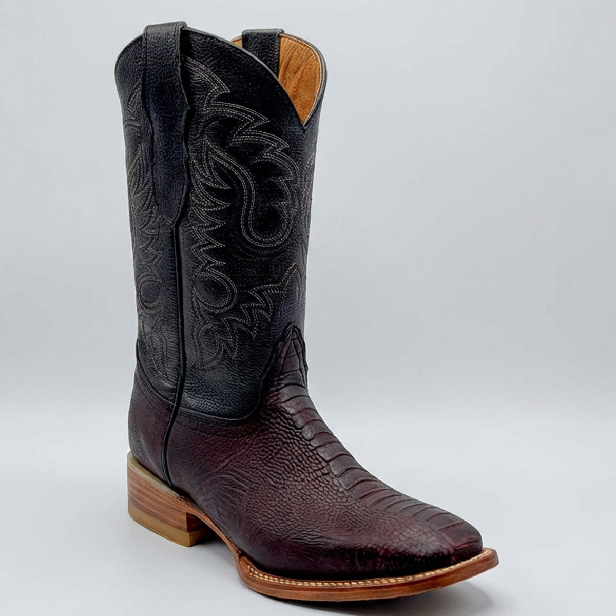 Quincy Men's Black Cherry Ostrich Leg Print Square Toe Western Boot