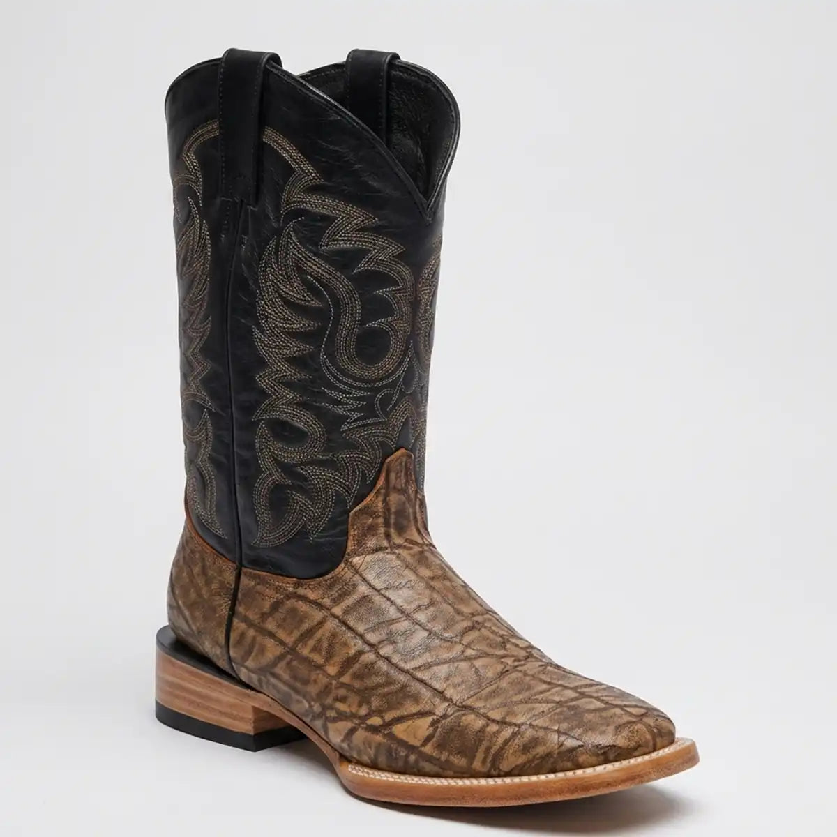 Studio front-side view of the pair of Quincy Men's elephant print cowboy boots with black 12-inch shafts.