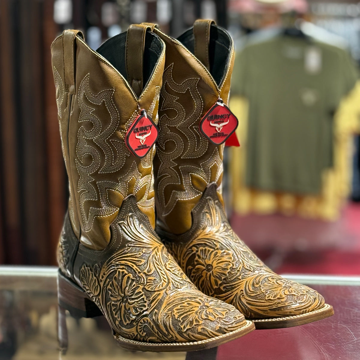 Quincy Tooled Print Square Toe Cowboy Boots