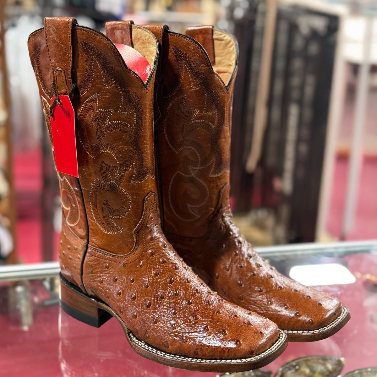 Quincy Men's Brown Ostrich Print Western Boots Square Toe