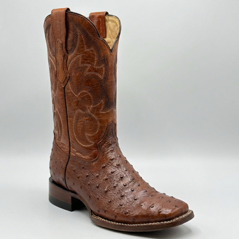 Quincy Men's Shedron Brown Ostrich Print Western Square Toe Boot