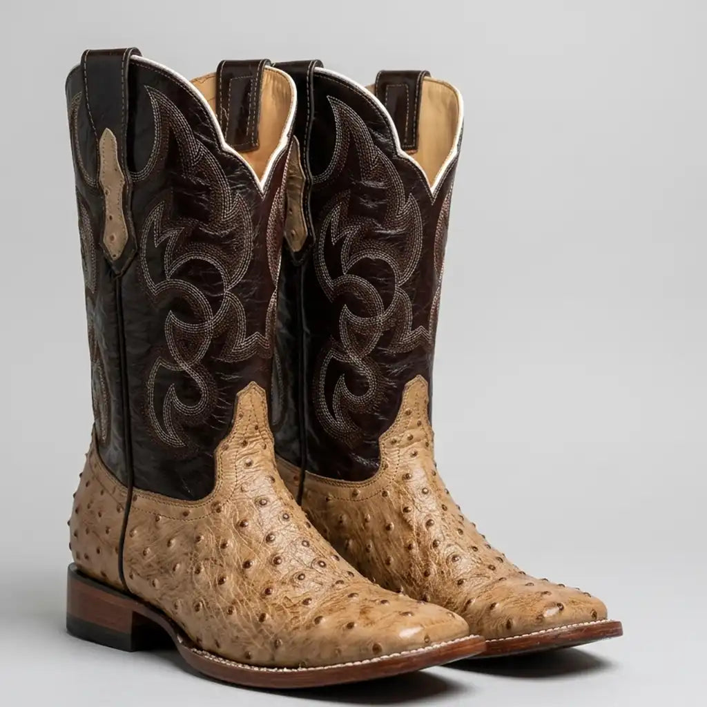 Quincy men's square toe cowboy boots with a tan ostrich print leather foot and a dark brown shaft featuring western embroidery, photographed on a neutral light gray background.