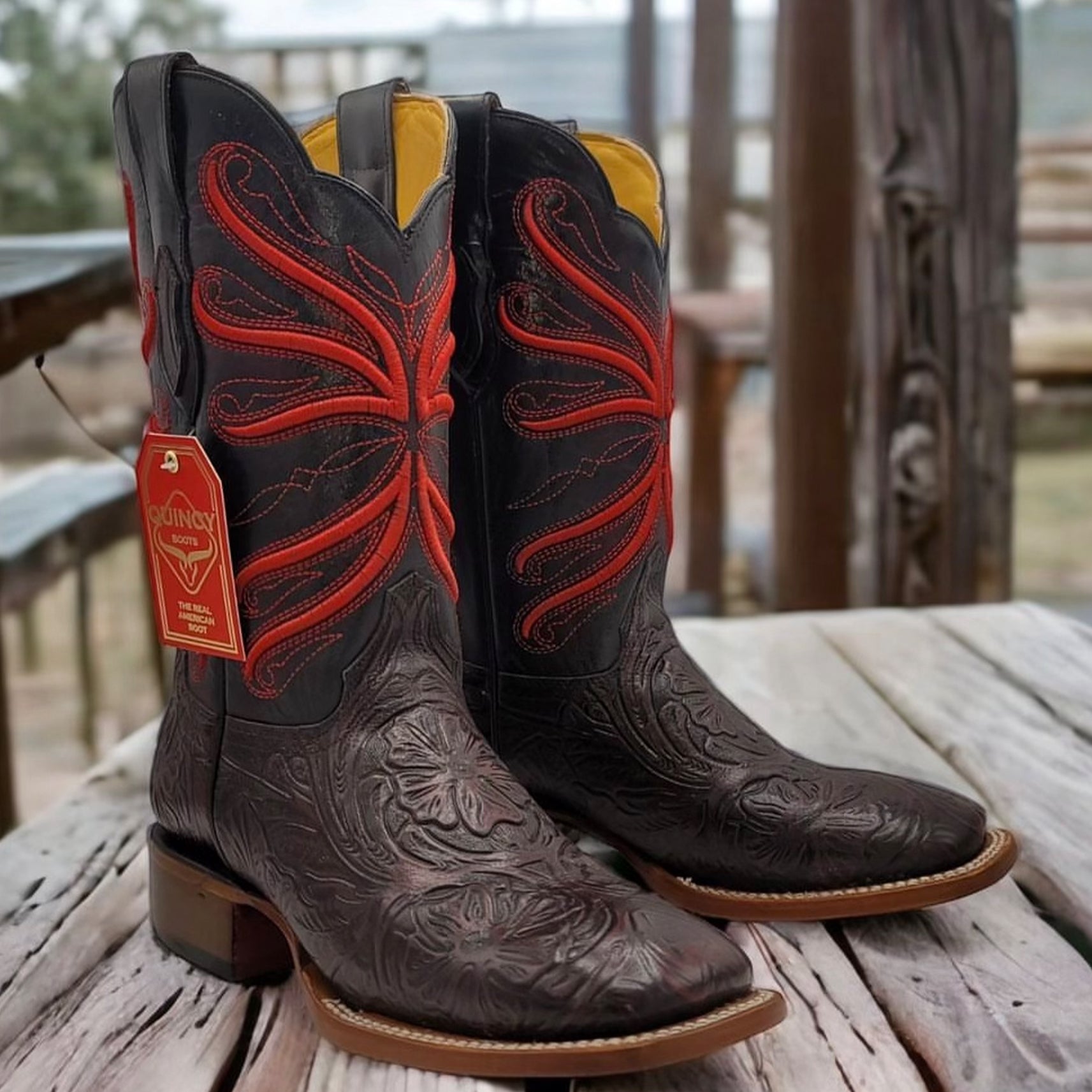 Mens Hand-Tooled Square Toe Cowboy Boots