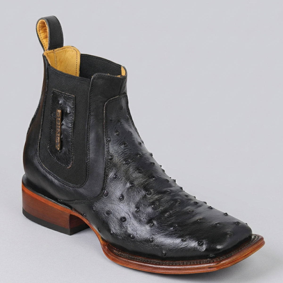 Men's Black Ostrich Print Chelsea Square Toe Western Boot