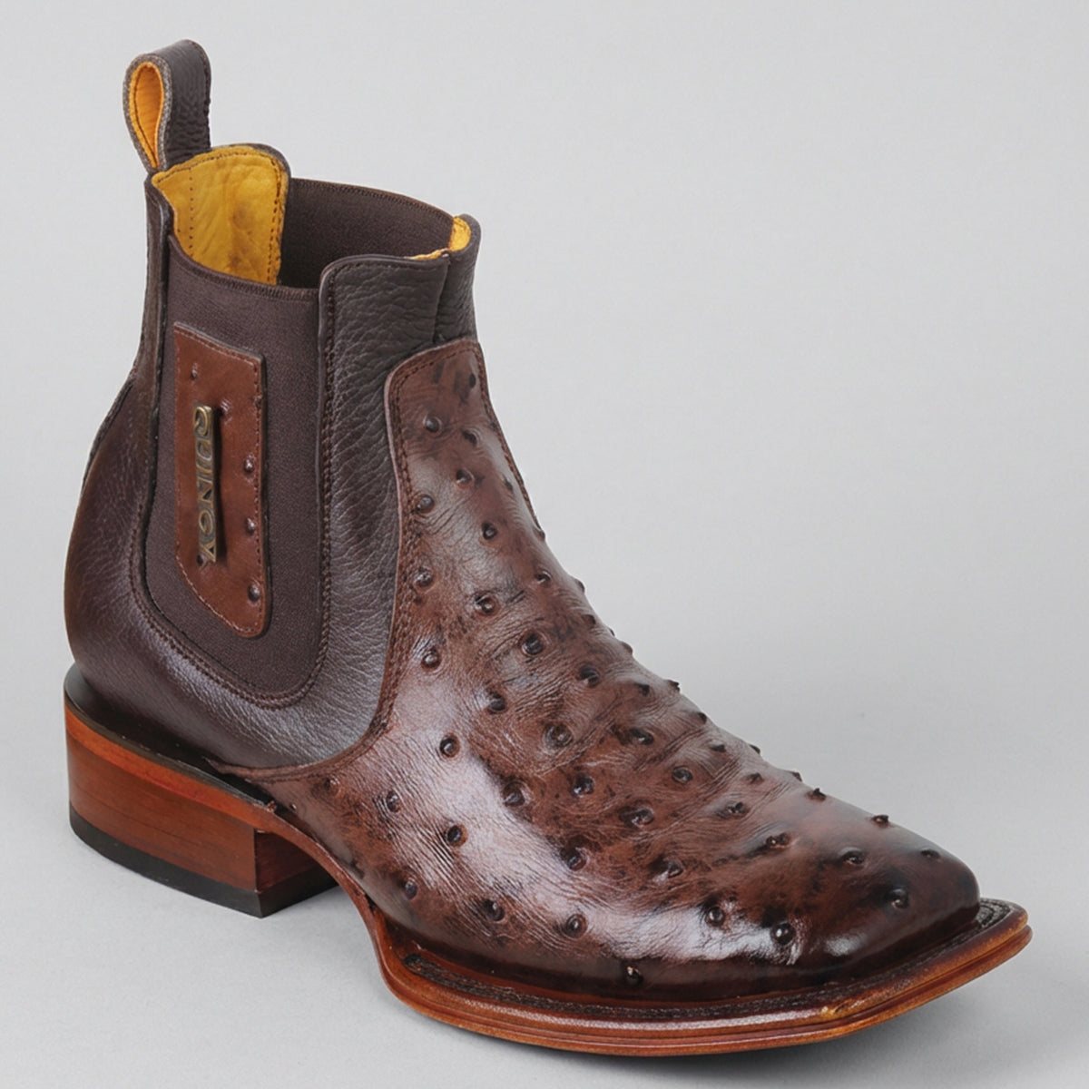 Mens Brown Short Ostrich Print Western Square Toe Boot