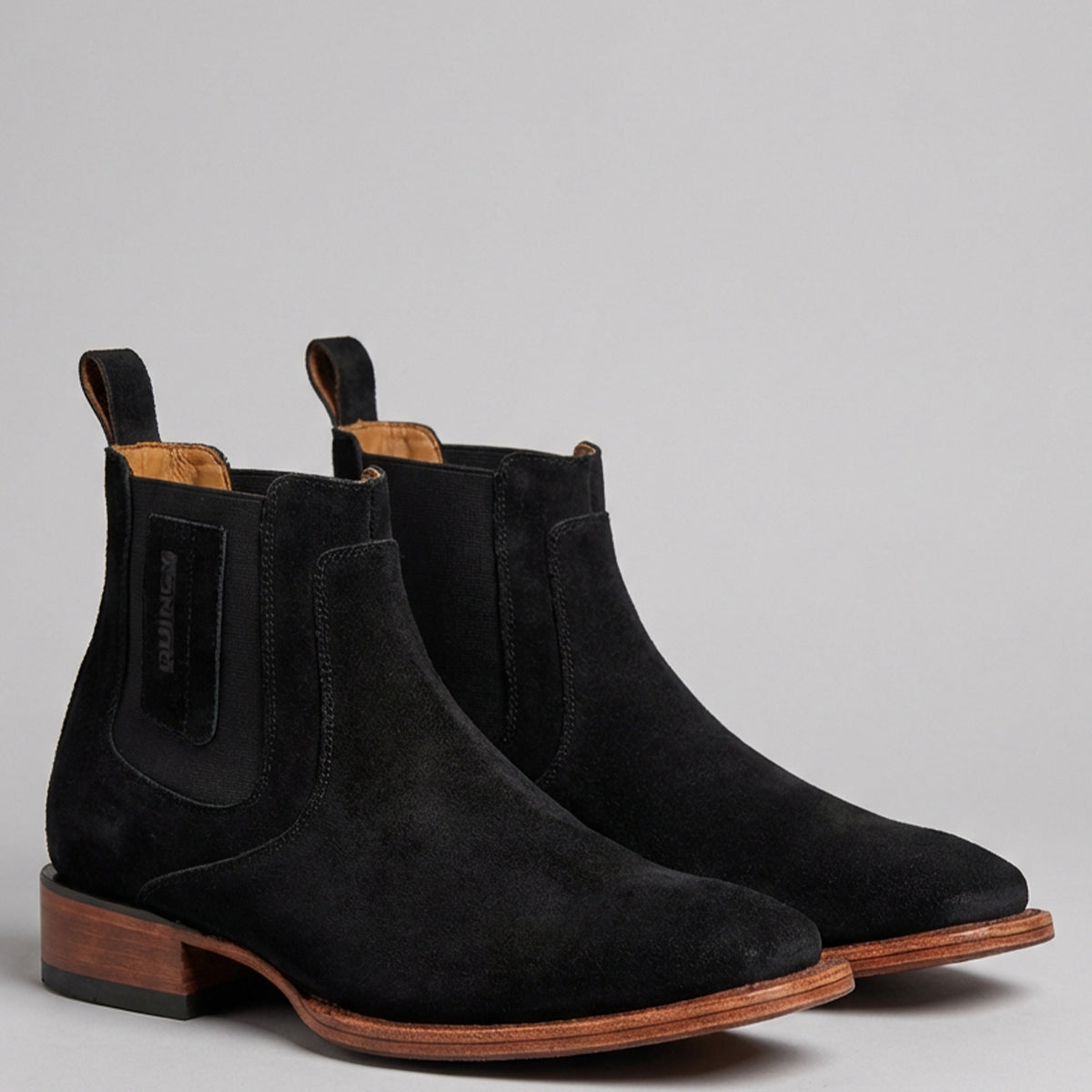Quincy Men's Black Suede Chelsea Western Boots Square Toe
