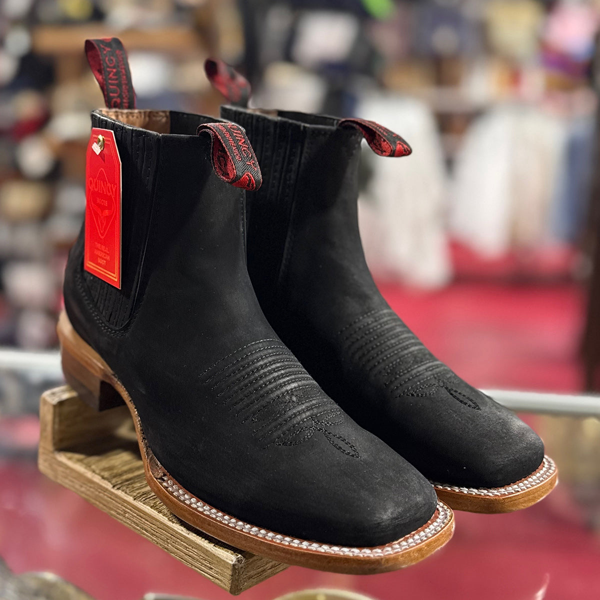 Quincy men's black square toe Chelsea western boots nubuck leather.