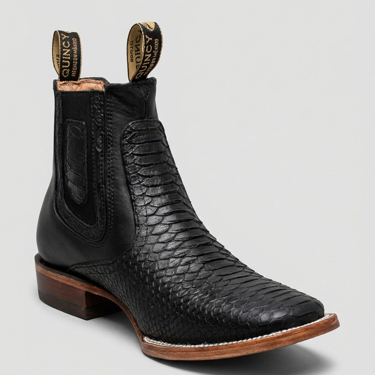 Men's Black Python Print Short Cowboy Boot Square Toe