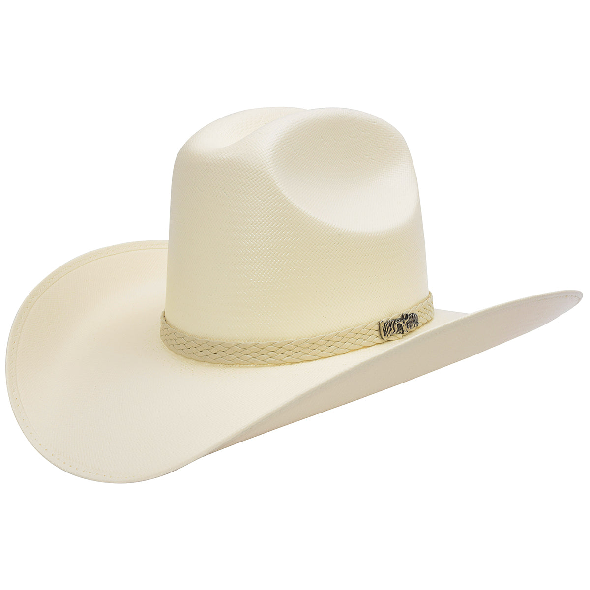 Cuernos Chuecos Quarter Horse crown shantung straw cowboy hat with braided hatband.