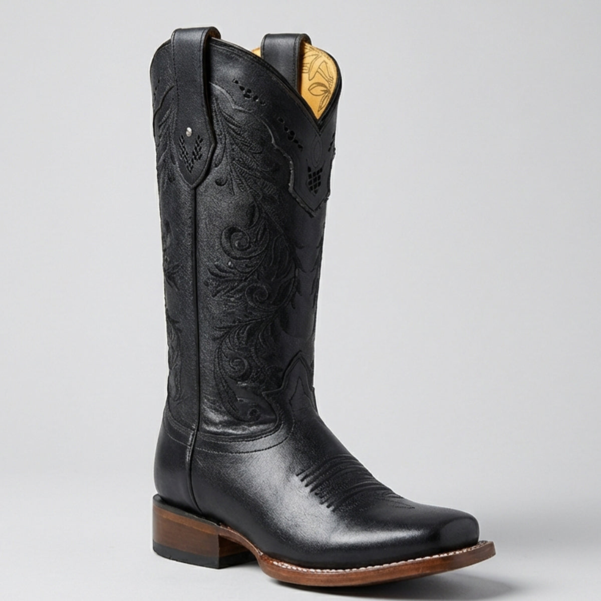 Quincy black floral embroidered square toe cowgirl boot.
