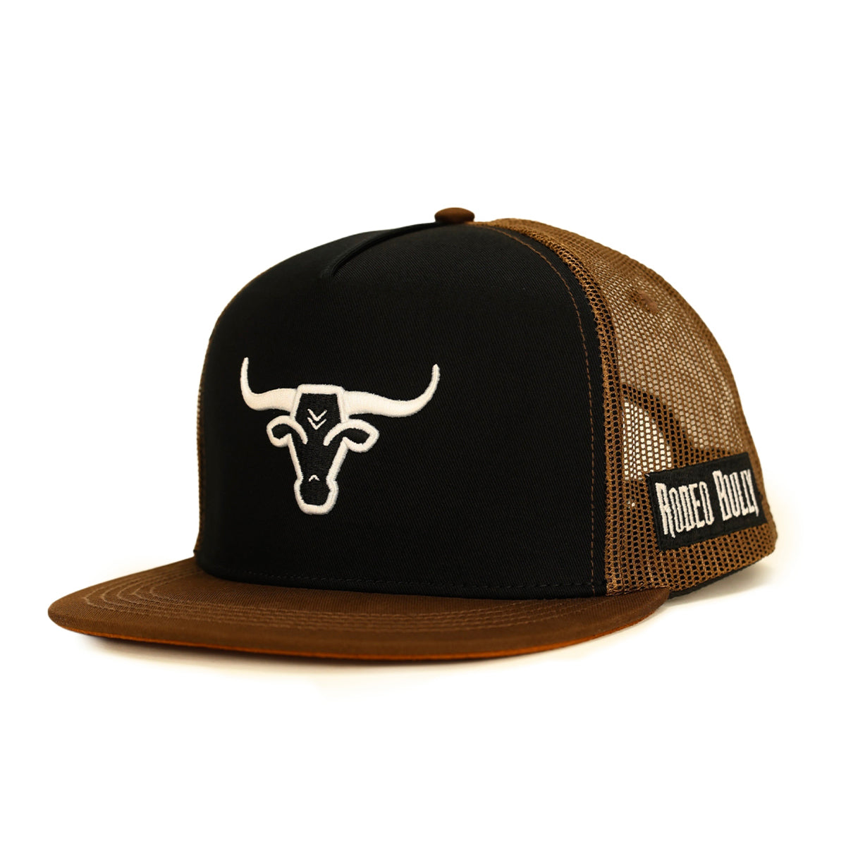 Rodeo Bully black and brown trucker cap with bull embroidery.