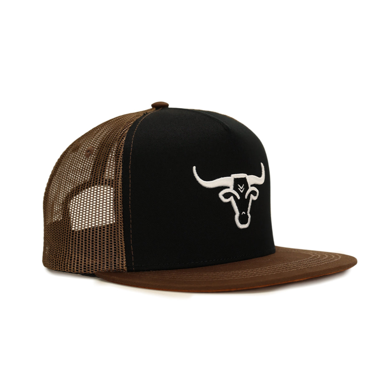 Rodeo Bully black and brown trucker cap with bull embroidery.