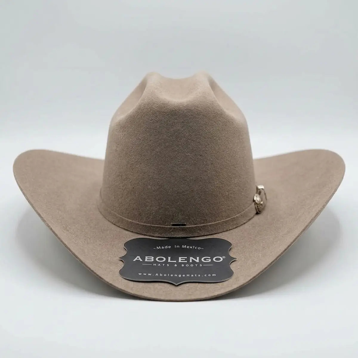 Front close-up view of the Abolengo Rancheron 1000X natural rabbit fur felt hat showing the 5-inch high crown, silver buckle set, and Abolengo brim label.