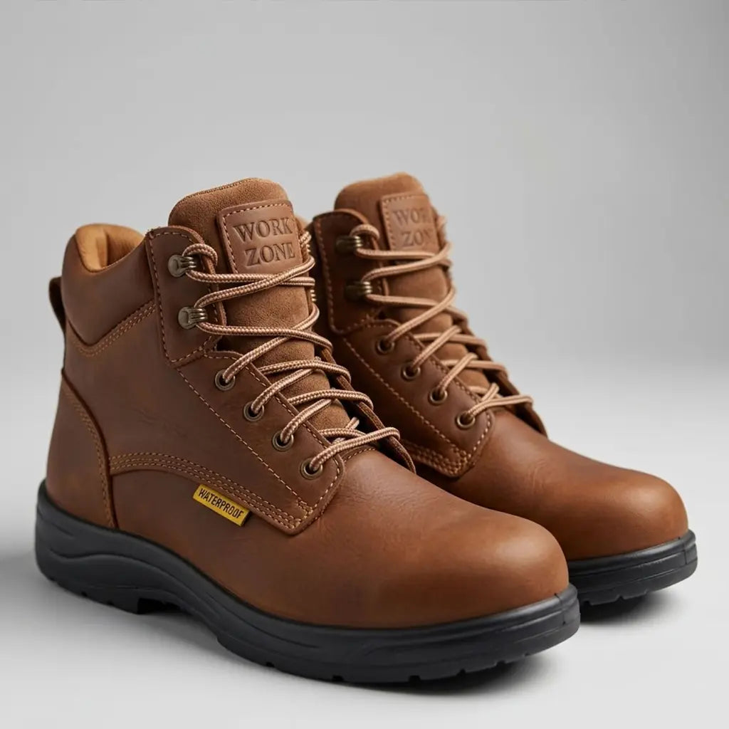 Studio pair shot of the Work Zone S623 6-inch waterproof steel toe work boots from a three-quarter angle.