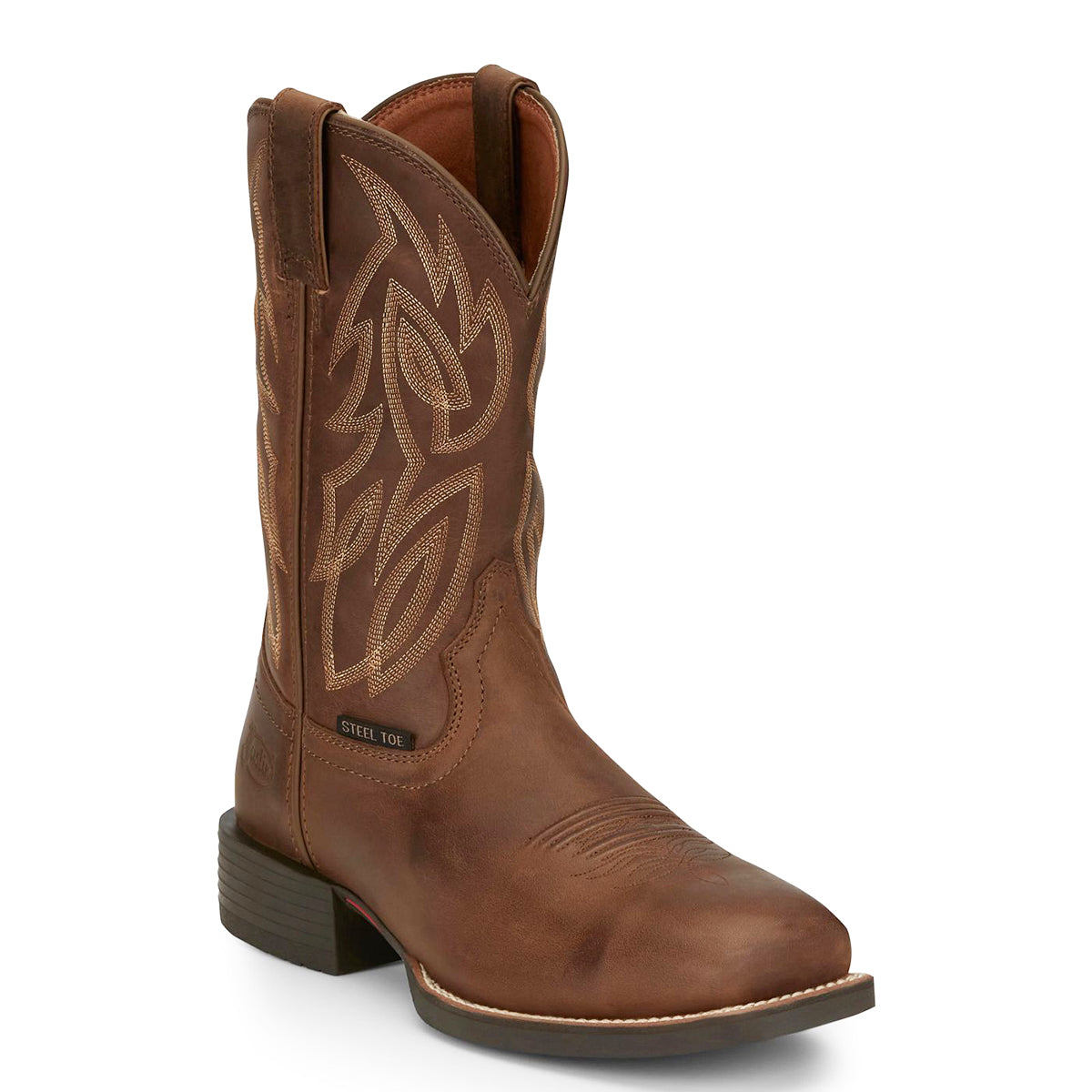Justin men's brown square toe work cowboy boot with intricate design on a white background.