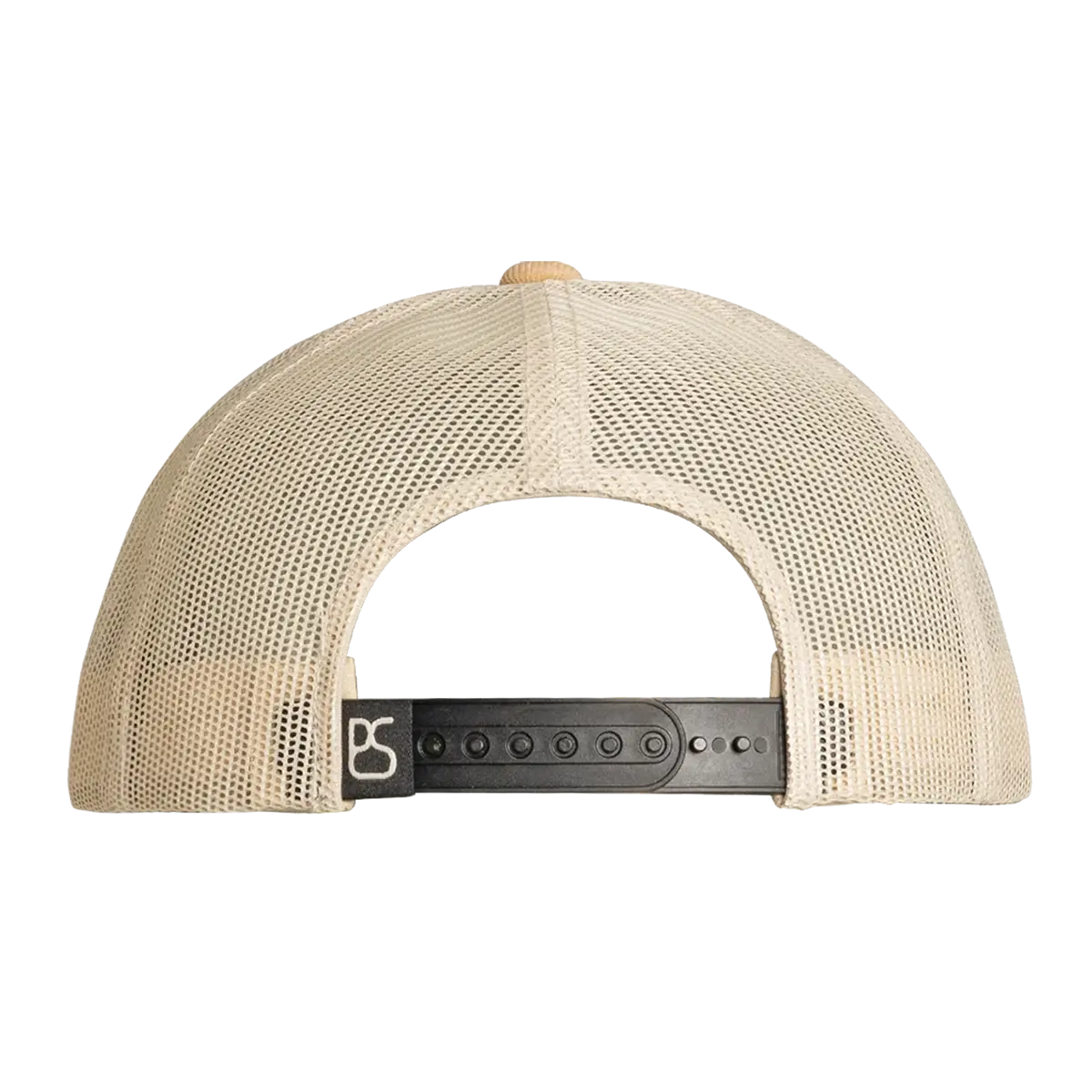 Back view of the Panhandle Slim trucker cap displaying the beige mesh backing and black snapback closure with the PS logo tag.