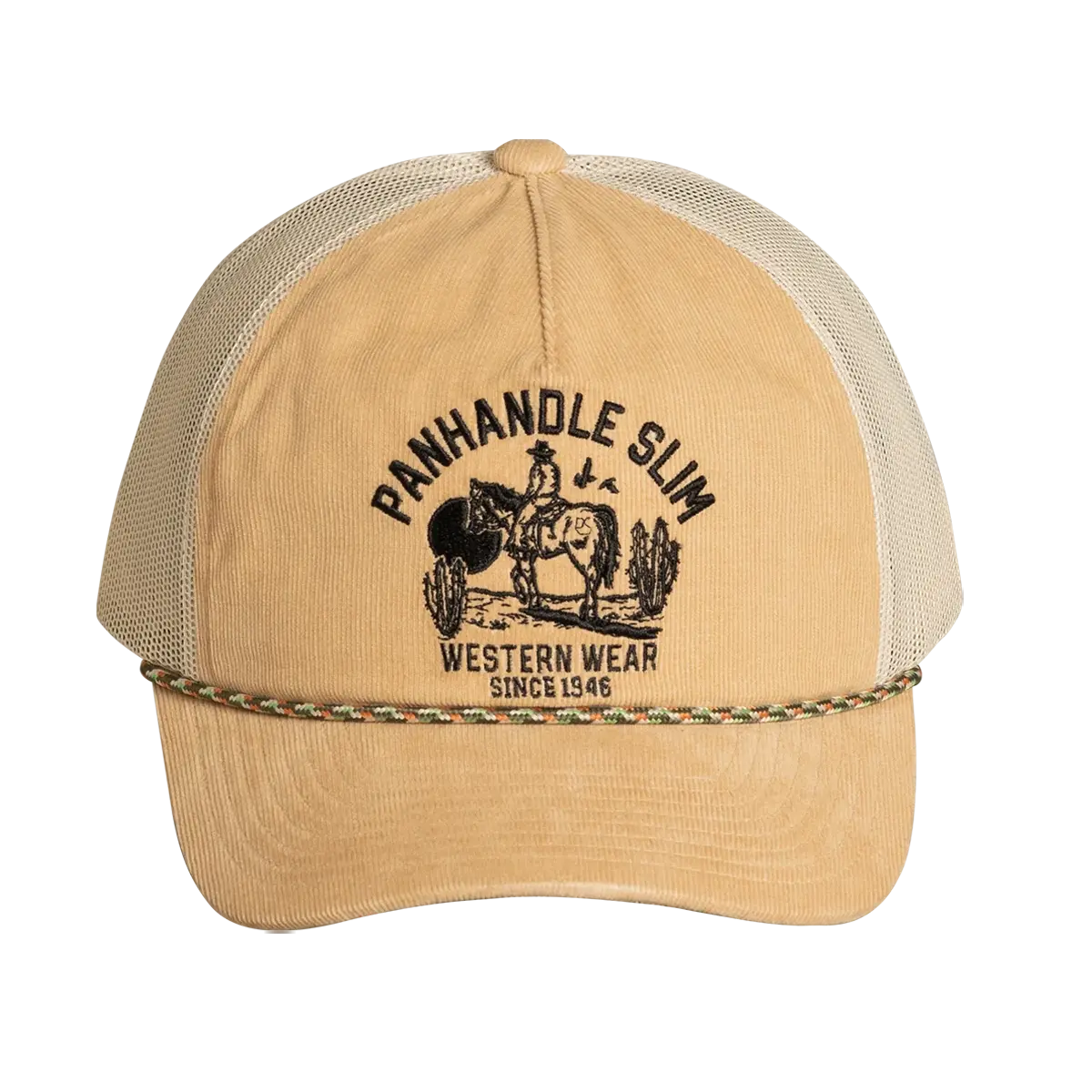 Front view of the Panhandle Slim tan corduroy cap showing the embroidered cowboy patch, braided visor rope, and beige mesh.