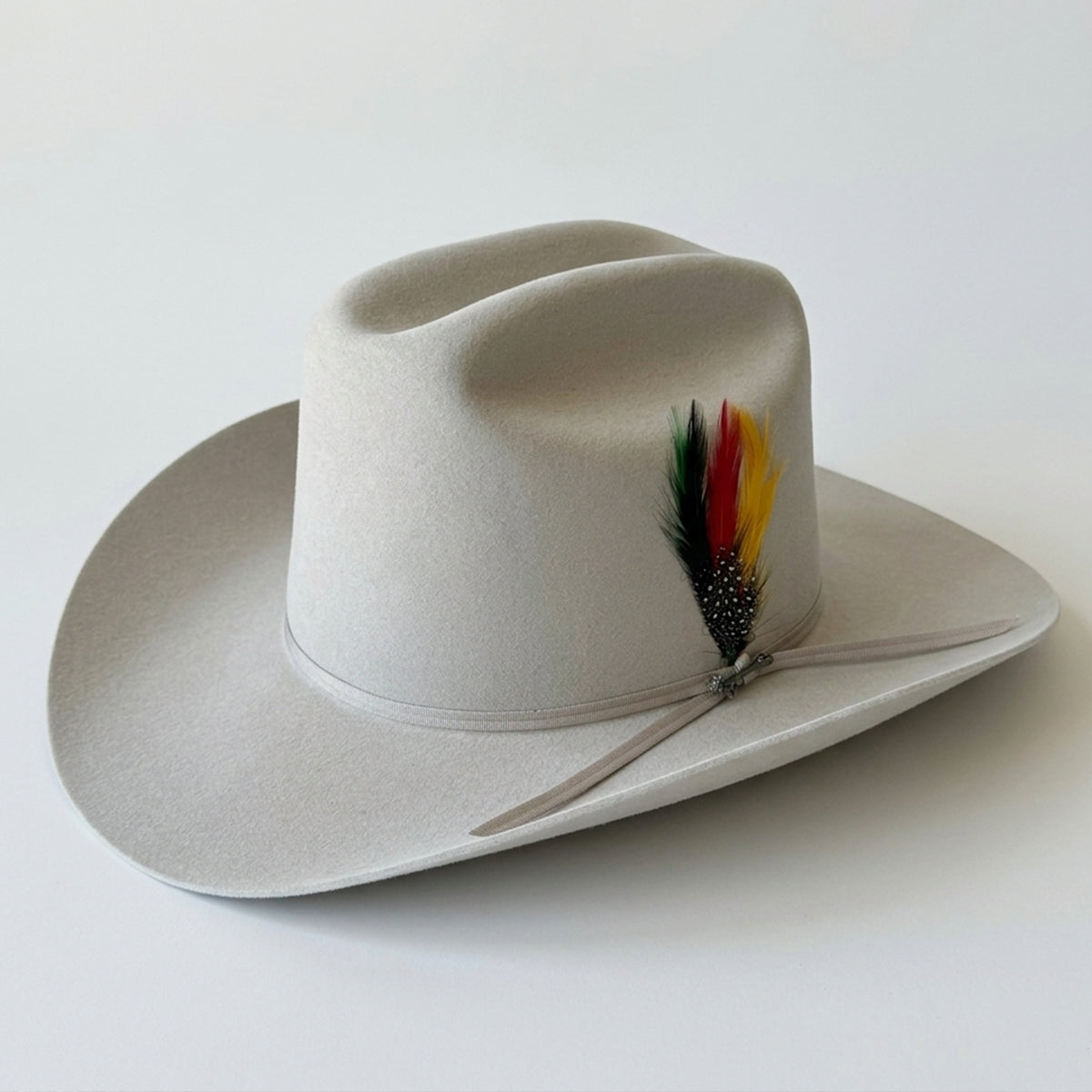 Stetson 6x Rancher beige felt cowboy hat with a feather Sinaloa style on a white background.