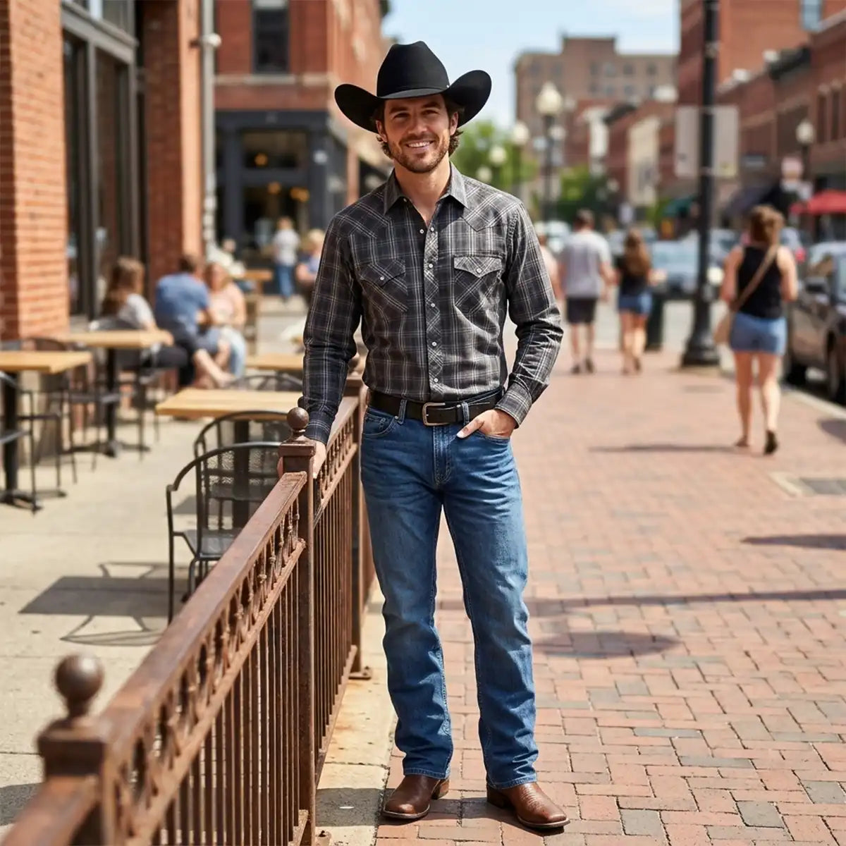 Full-length lifestyle shot of a smiling man wearing a Stetson Skyline 6X black felt cowboy hat, plaid Western shirt, blue jeans, and boots on a city sidewalk.