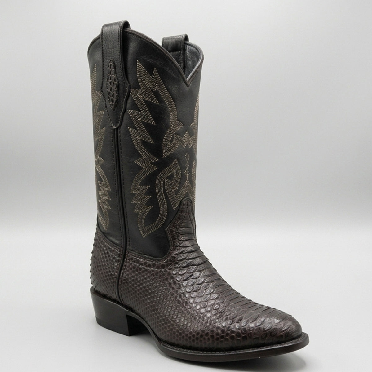La Sierra Men's brown python print leather cowboy boot with a tapered J-Toe profile, 12-inch embroidered shaft, and cowboy heel.