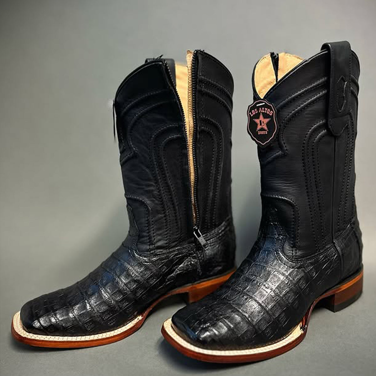 Black Square Toe Caiman Boots with zipper
