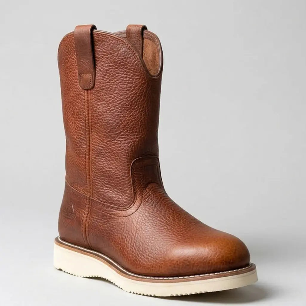 Studio profile view of the Work Zone Men's 10-inch S997 steel toe Wellington boot displaying the rich tan tumbled leather, steel toe round profile, and cream PU wedge outsole.