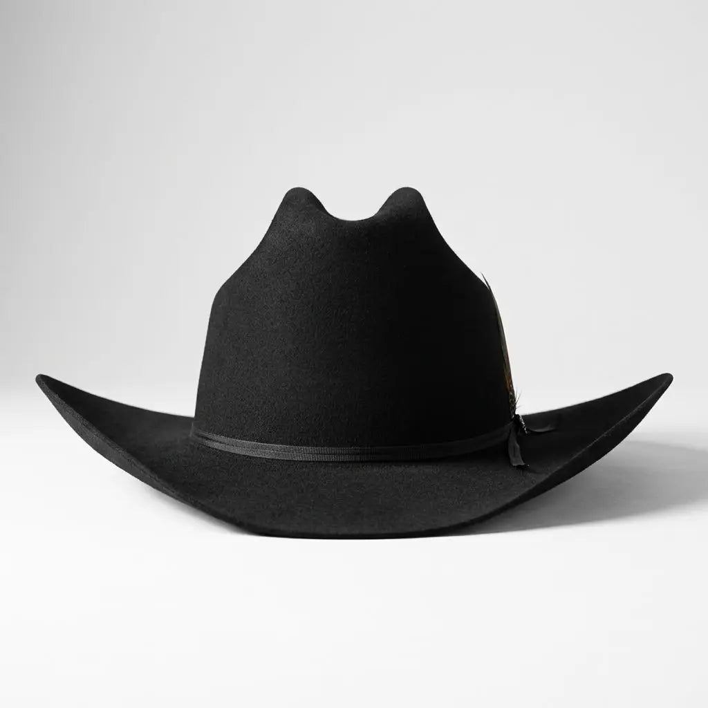 Front view of the Stetson 6X Spartan Black fur felt cowboy hat with custom 3.5-inch Sinaloa style brim, low crown, and colorful feather detail.