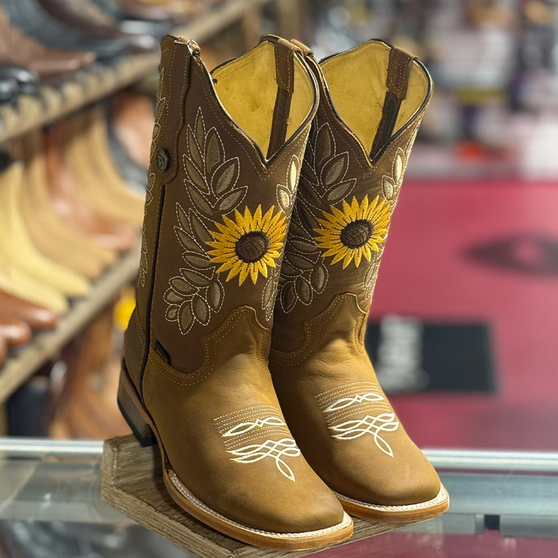 Hooch women's sunflower embroidered light brown square toe cowgirl boots.