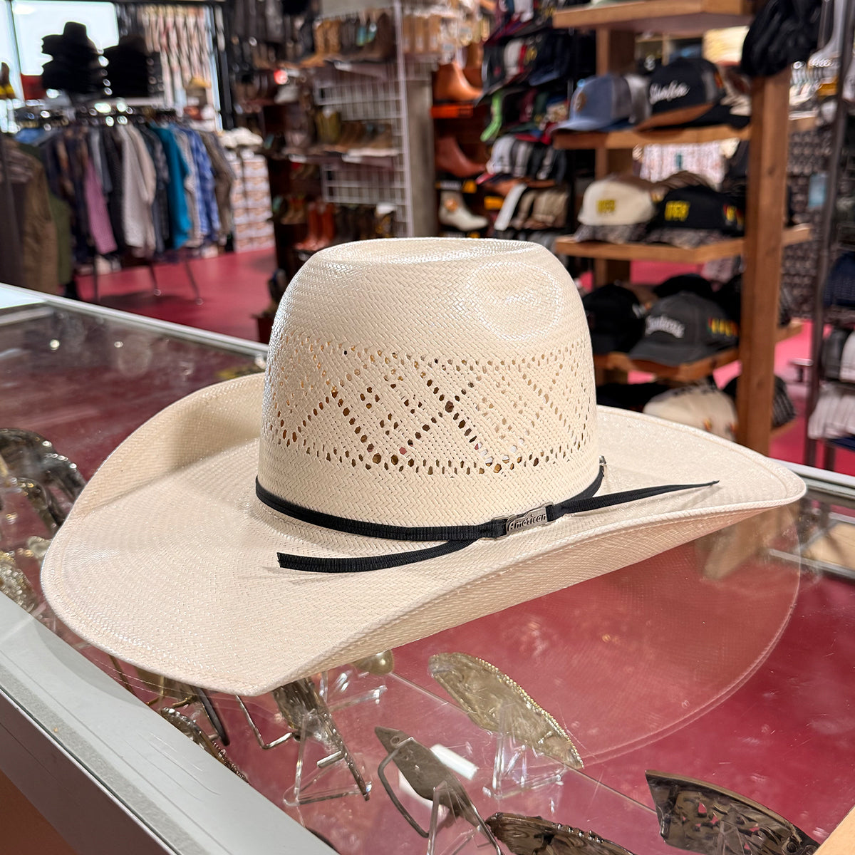 American Hat Company TC8800 straw western hat with black band.