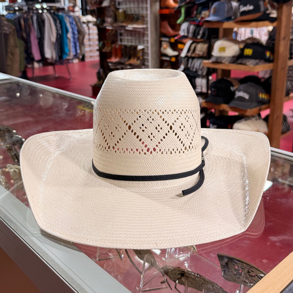 Front view of American Hat Company TC8800 straw cowboy hat with black band.