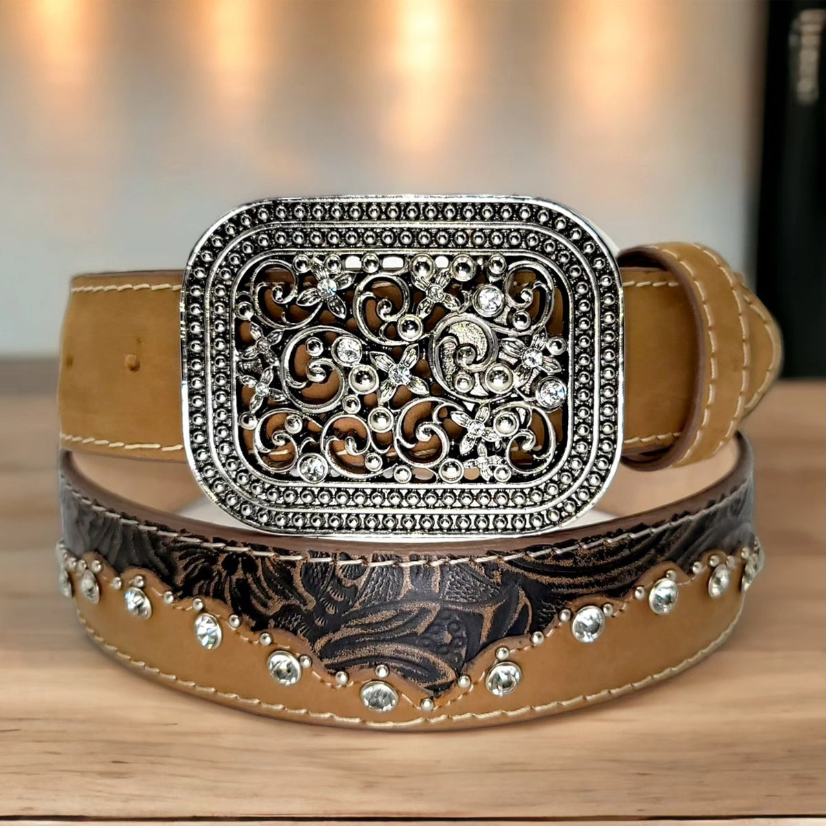 Women\'s Faux Leather Western Cowgirl Belt with Vintage Cowboy Buckle WOMENS BLACK EMBROIDERED Western Cowgirl Cowboy Leather Belt  main image 3