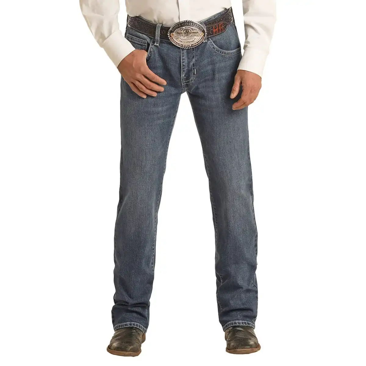 Front view of a man wearing Rock & Roll Denim Vintage '46 Revolver medium wash slim straight jeans with ivory stitched back pockets.